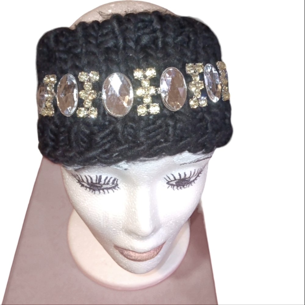MIXIT JEWELED Crocheted Black Head & Ear Warmer Gently Loved